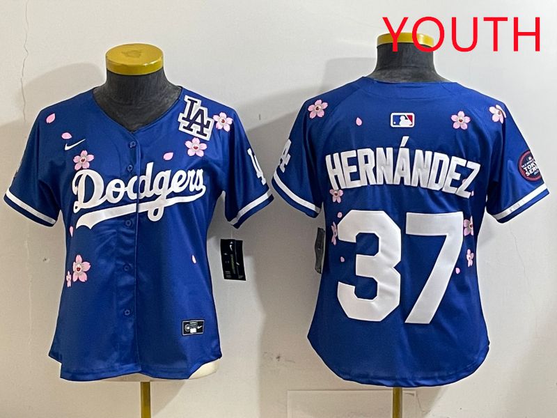 Youth Los Angeles Dodgers 37 Hernandez Blue Sakura Edition 2025 Nike MLB Jersey style 8